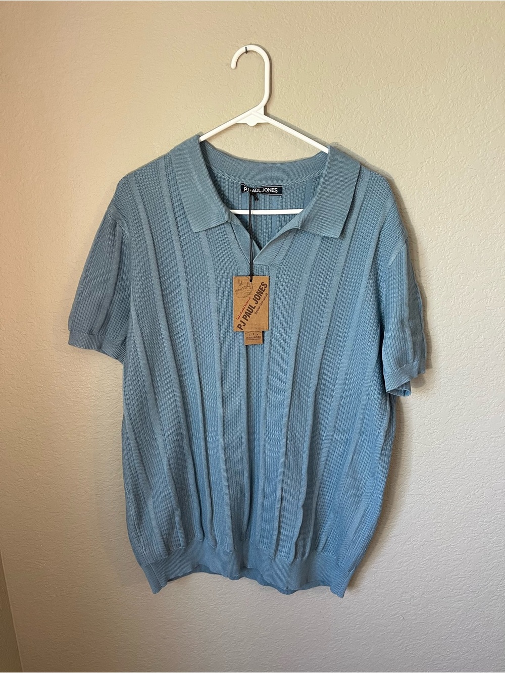 NWT PJ Paul Jones Men’s Large Blue Ribbed Knit Polo Shirt Retro 70s Mod Resort